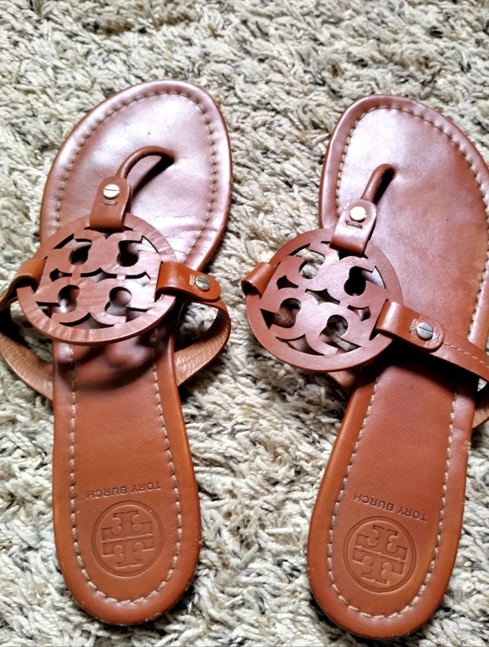 Tory Burch Miller Brown Leather Flat Sandals Sz 10